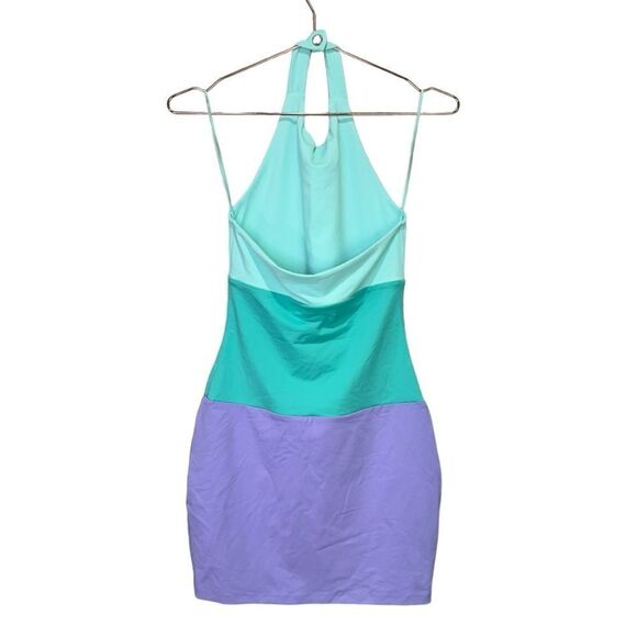 NEW Susana Monaco Colorblock Halter Bodycon Mini Dress Teal Pink Small - Picture 3 of 6